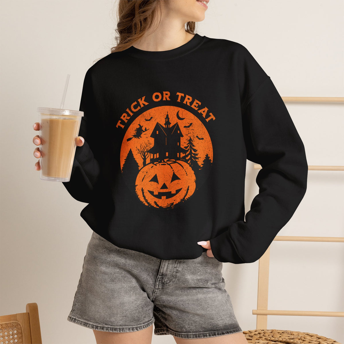 Trick or Treat Pumpkin Haunted House Sweatshirt | Halloween Spooky Haunted House Crewneck