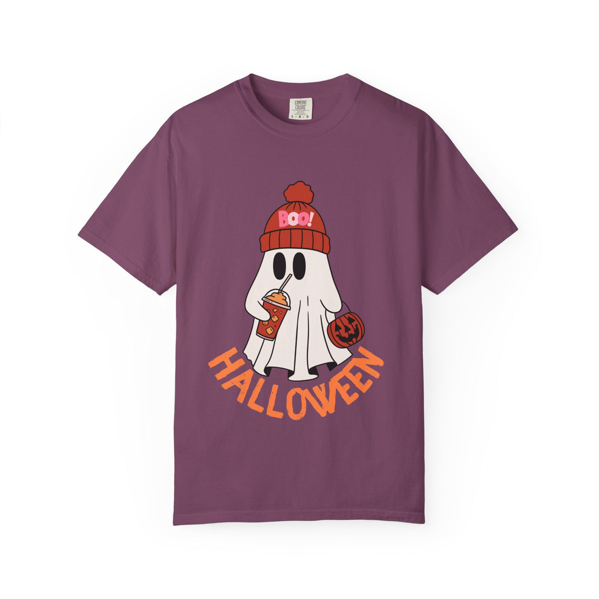 Cute Ghost Wearing BOO Beanie Halloween Comfort Colors T-shirt | Trick or Treat Pumpkin coffee Illustration