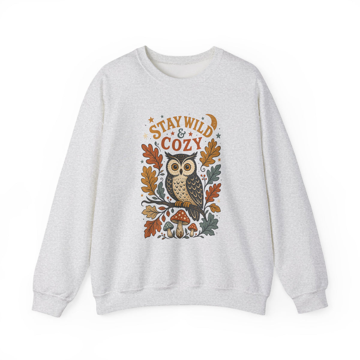 Stay Wild & Cozy Owl Sweatshirt | Autumn Leaves, Mushrooms