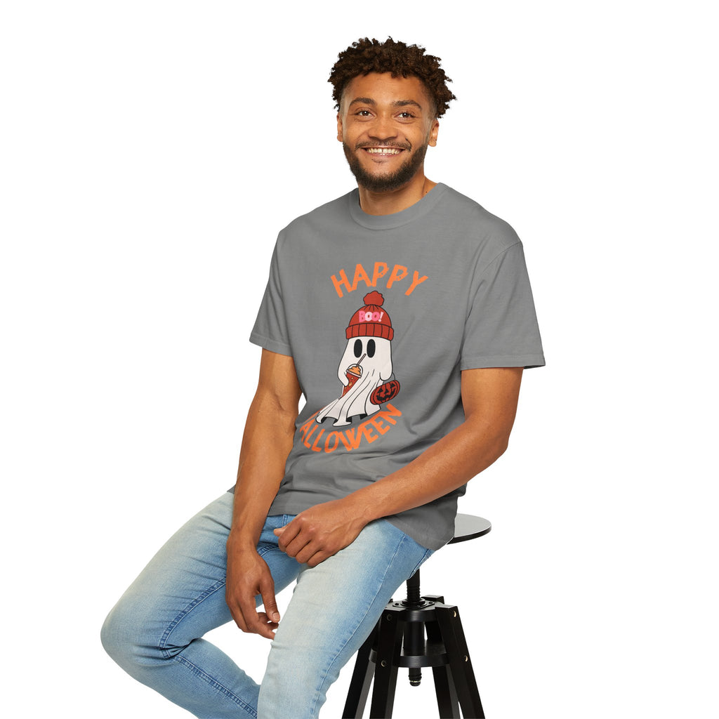 Cute Ghost in Beanie Happy Halloween Comfort Colors T-Shirt | Trick-or-Treat Tee
