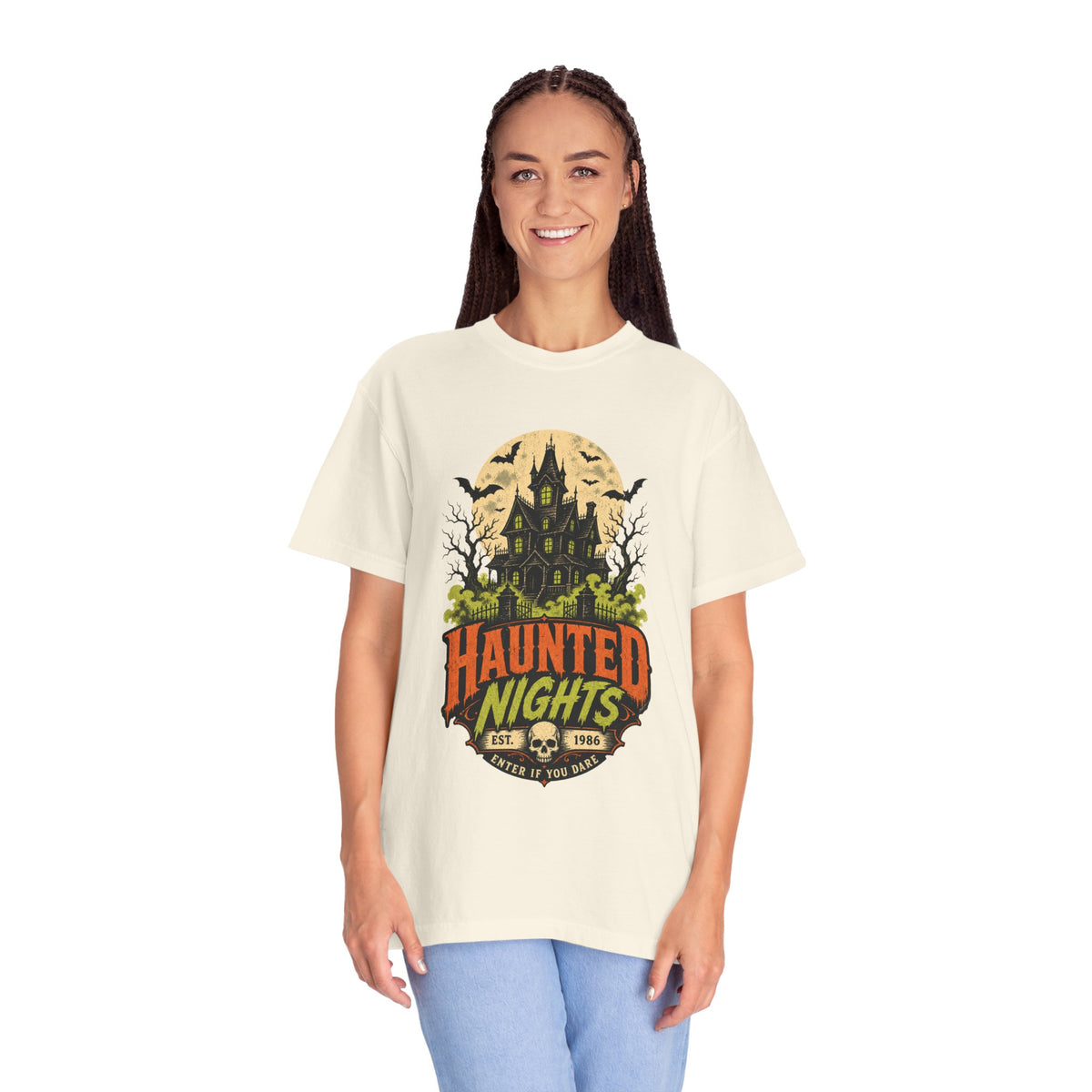 Haunted Nights haunted house T-shirt | Halloween spooky bats moon