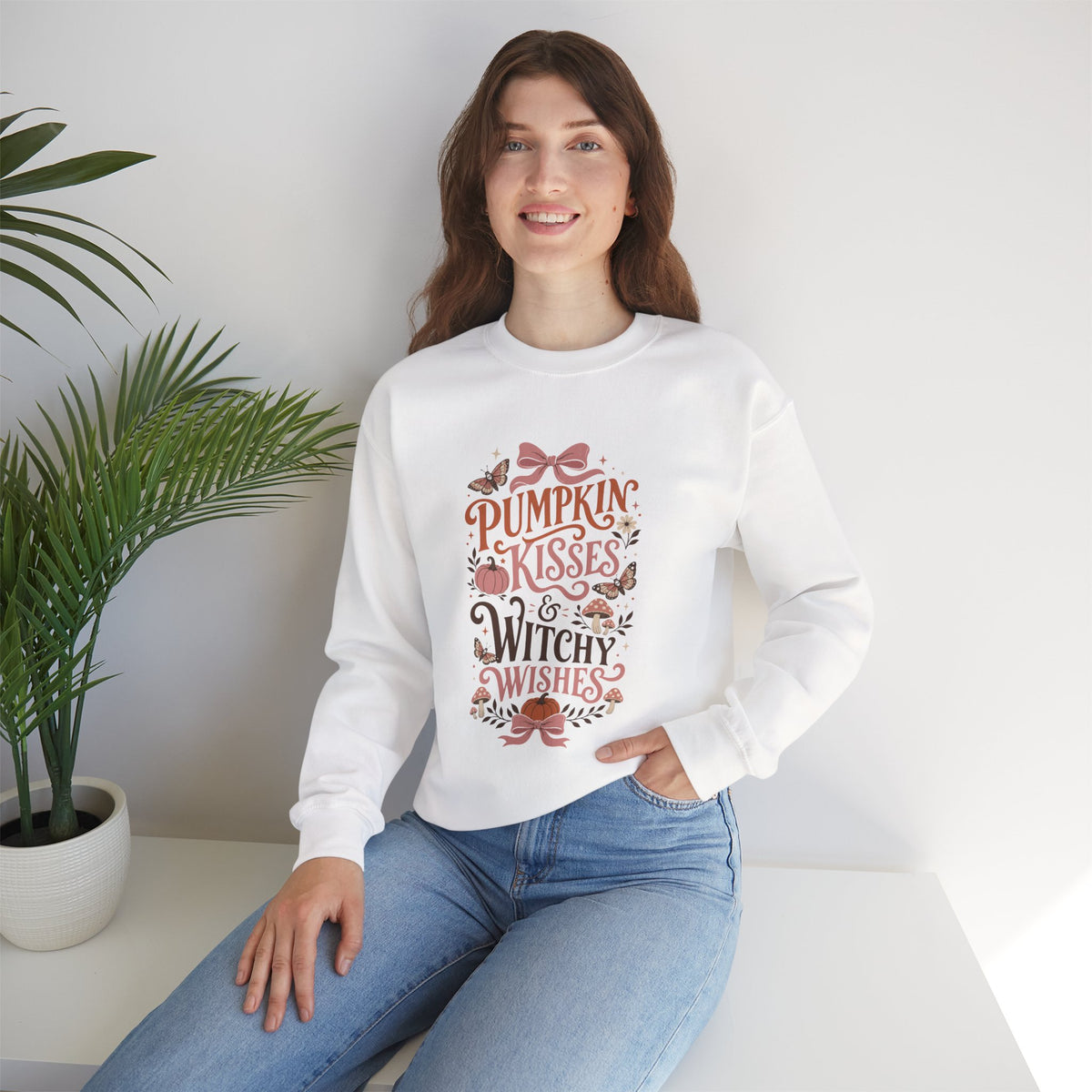 Pumpkin Kisses & Witchy Wishes Crewneck Sweatshirt | Fall Halloween Butterflies Sweater