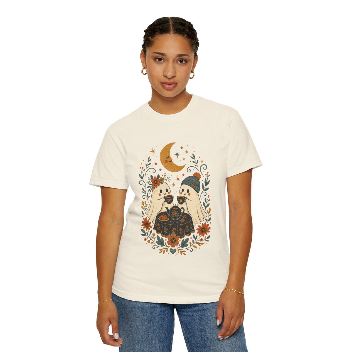 Ghost Couple Fall Halloween Tea Party T-shirt | Cute Ghosts, Moon, Autumn Floral Illustration