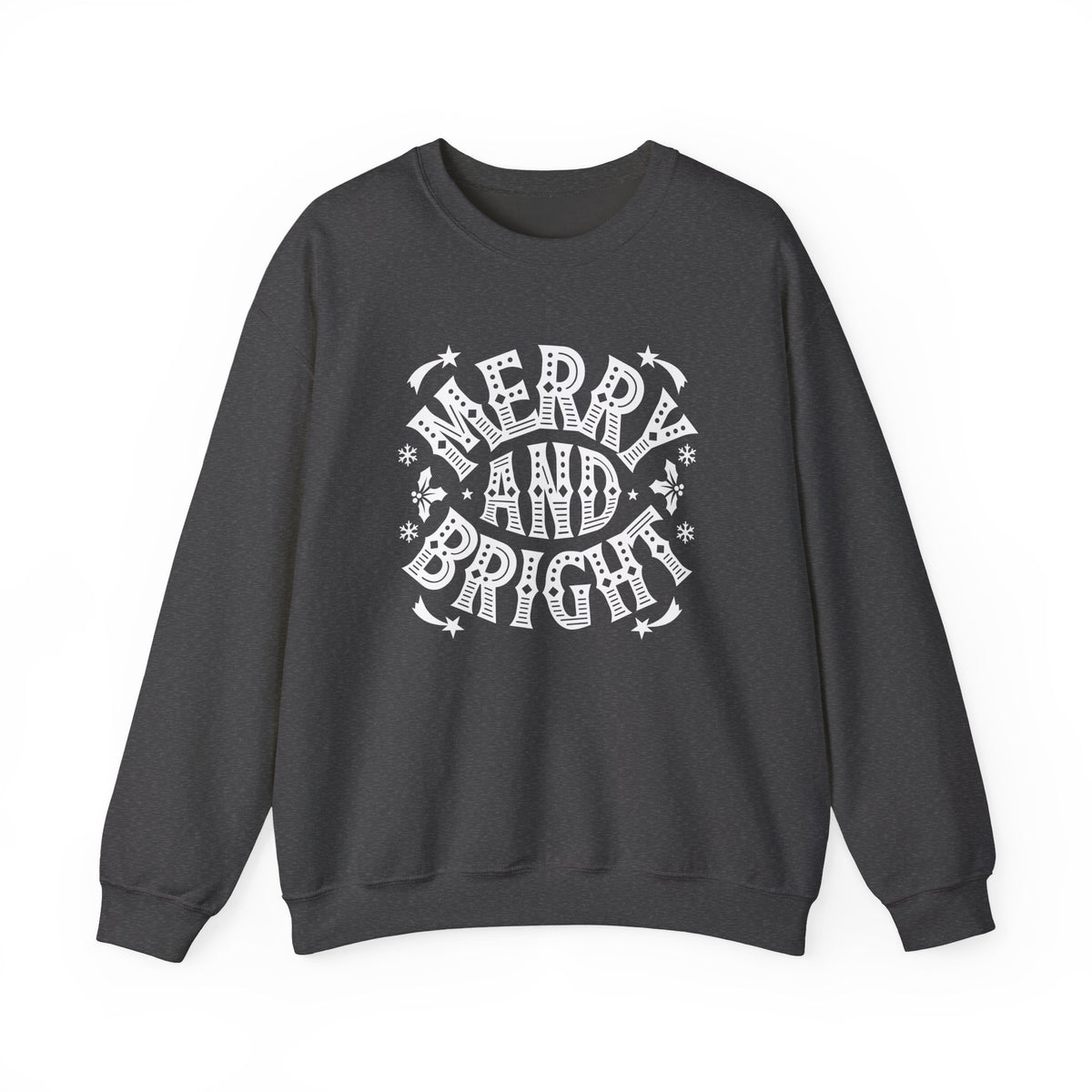 Christmas Sweatshirt Merry and Bright | Vintage Style Typography Holiday Crewneck Snowflakes Stars