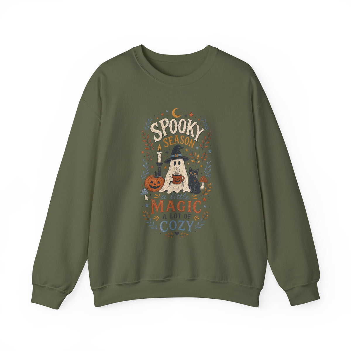 Spook Season Ghost with Witch Hat Cat Pumpkin Sweatshirt | Cozy Halloween Magic Autumn Botanicals