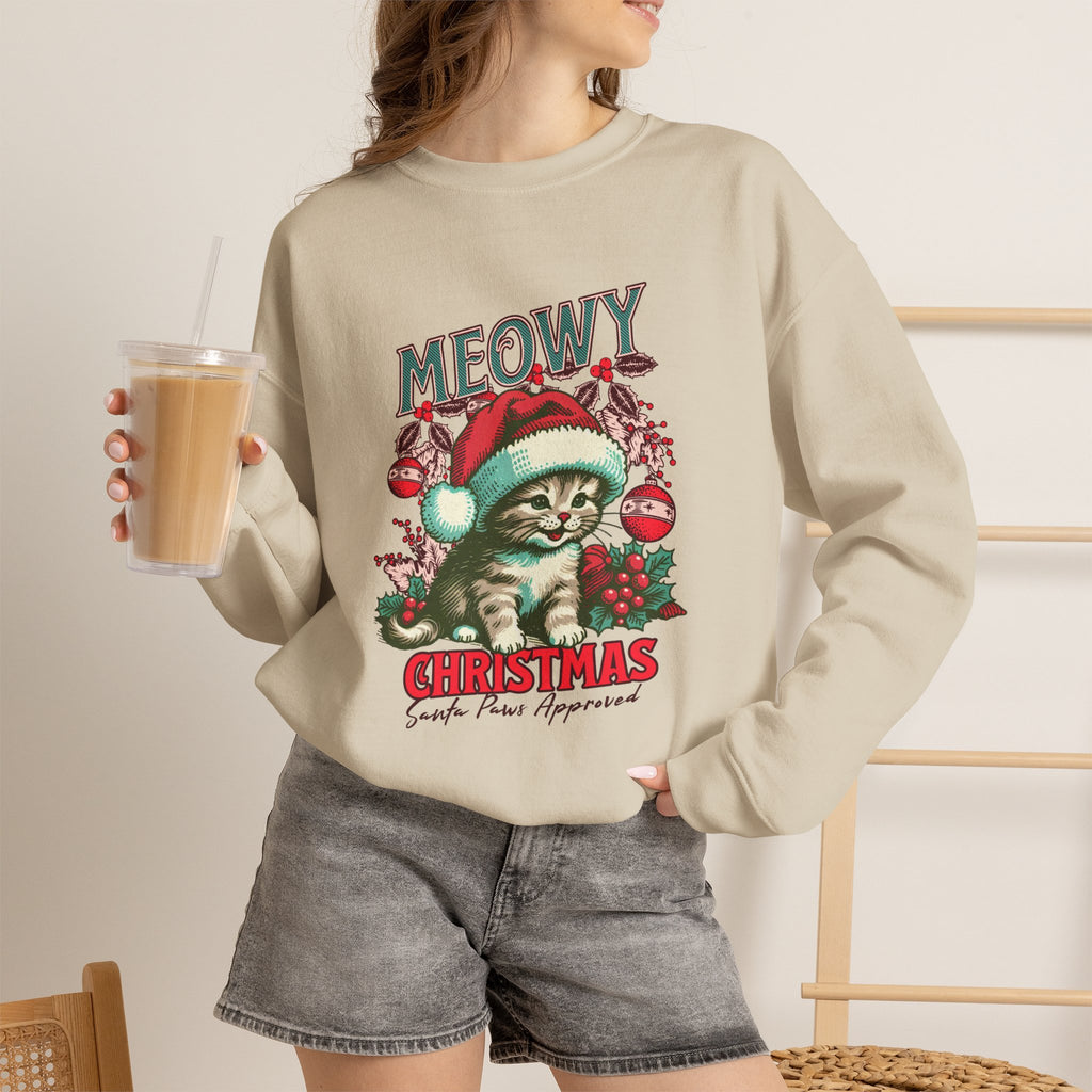 Meowy Christmas Cat Sweatshirt | Retro Holiday Kitty, Santa Hat, Ornaments