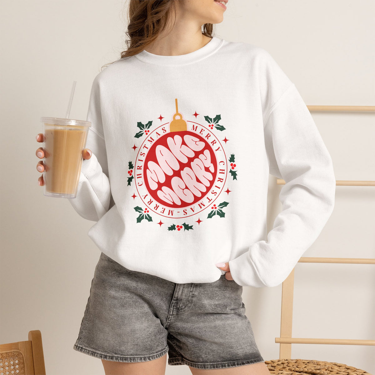 Christmas Sweatshirt Make Merry ornament design | Merry Christmas holly wreath, festive typography