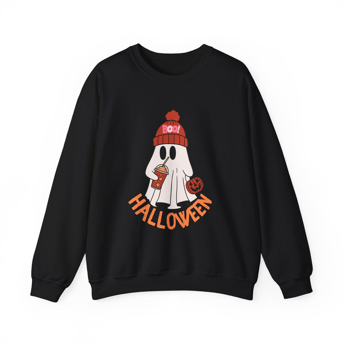 Cute Ghost wearing BOO beanie with iced coffee and trick or treat pumpkin Halloween Sweatshirt