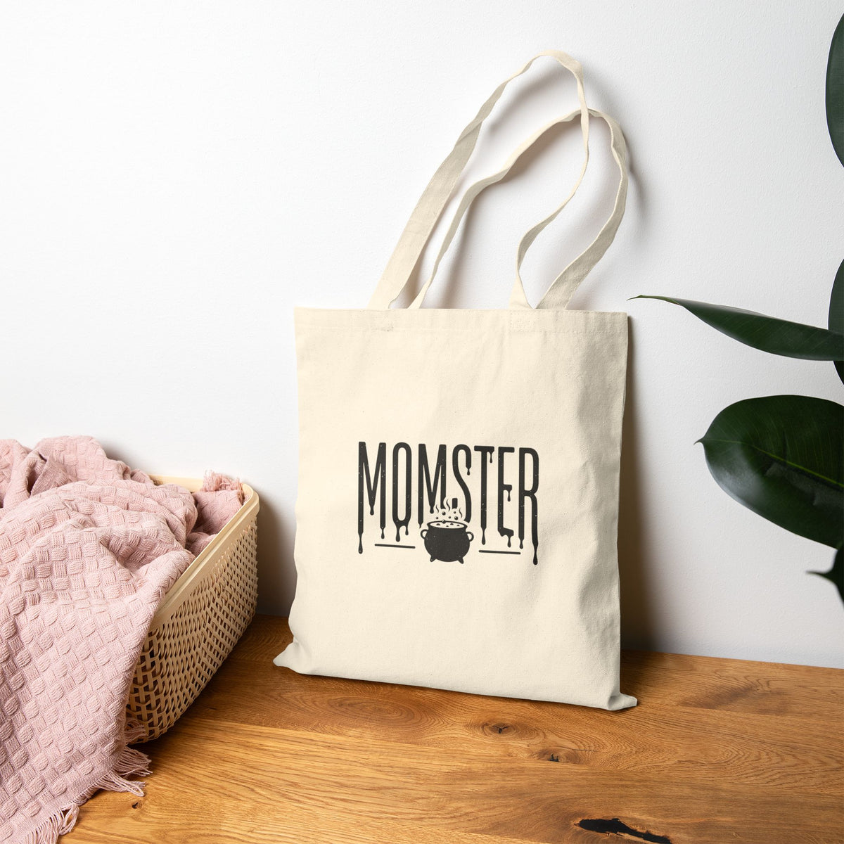 Momster Halloween Mom Tote | Cotton Canvas Tote, Spooky Bat Graphic, Distressed Lettering