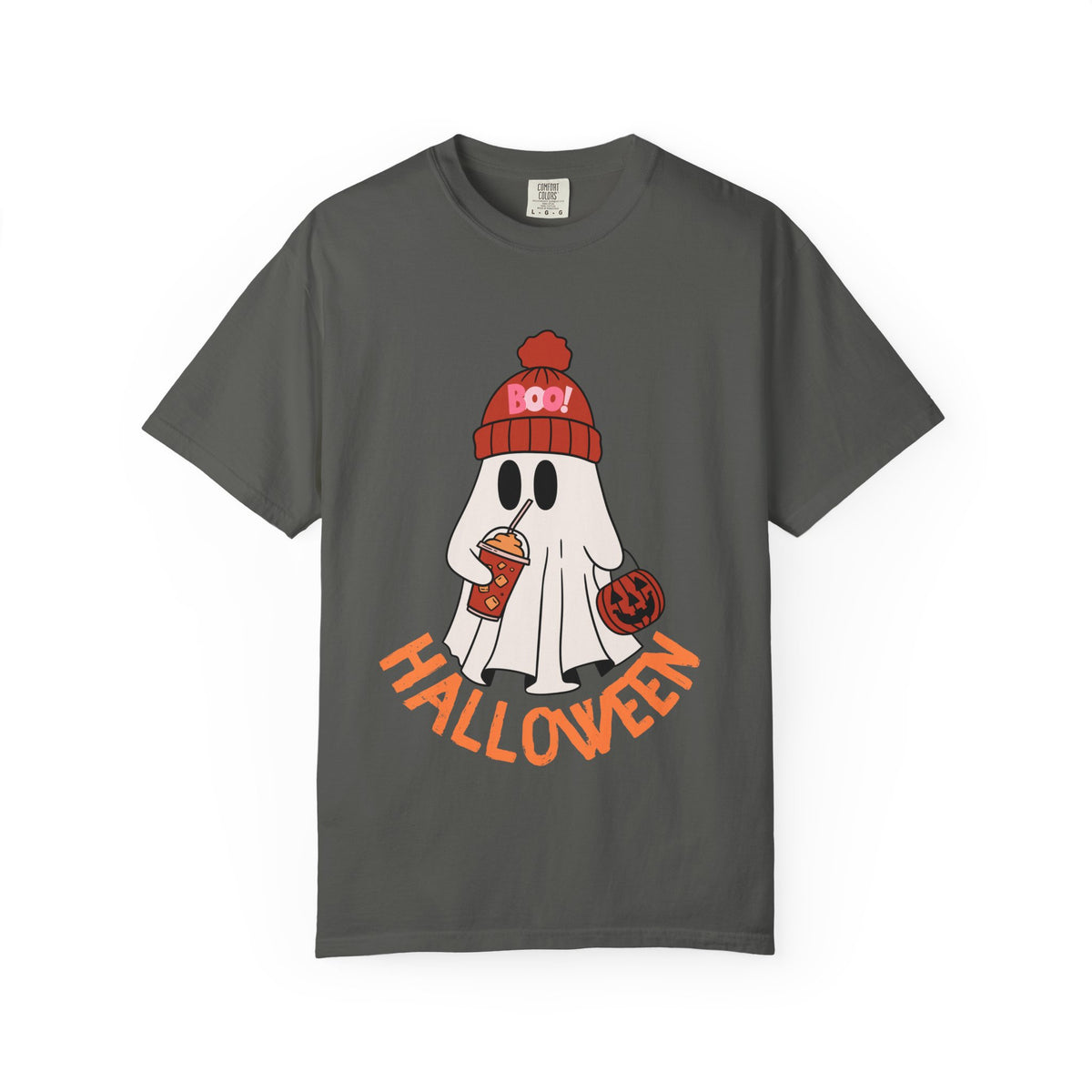 Cute Ghost Wearing BOO Beanie Halloween Comfort Colors T-shirt | Trick or Treat Pumpkin coffee Illustration
