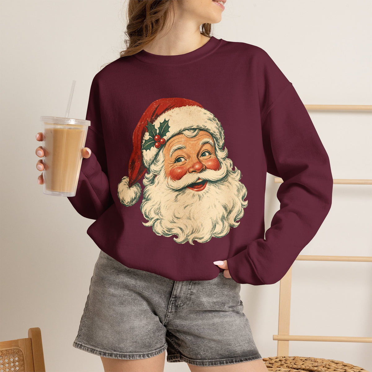 Vintage Santa Face Crewneck Sweatshirt | Retro Christmas Holiday Sweater