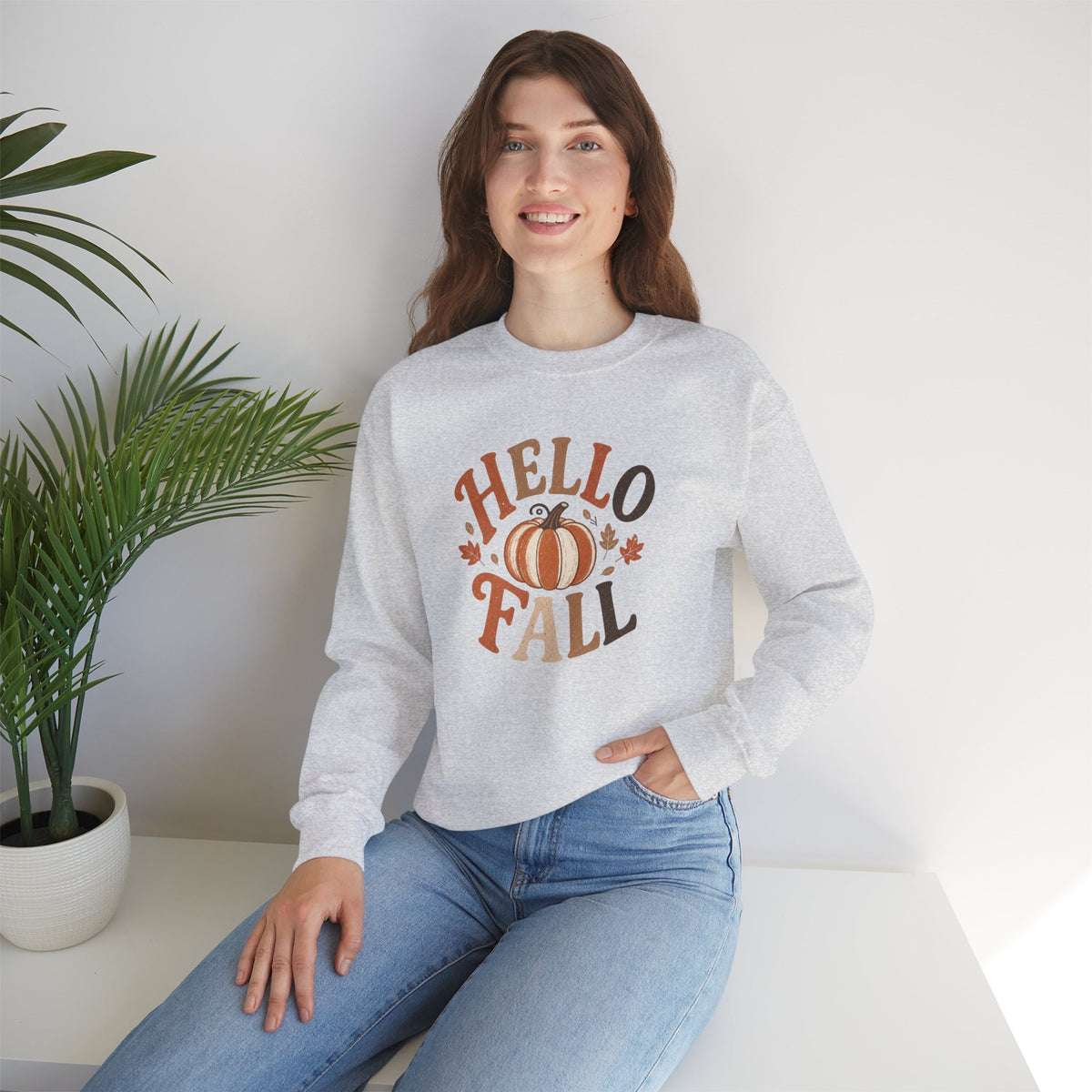 Hello Fall Pumpkin Crewneck Sweatshirt | Autumn Leaves, Cozy Seasonal Tee