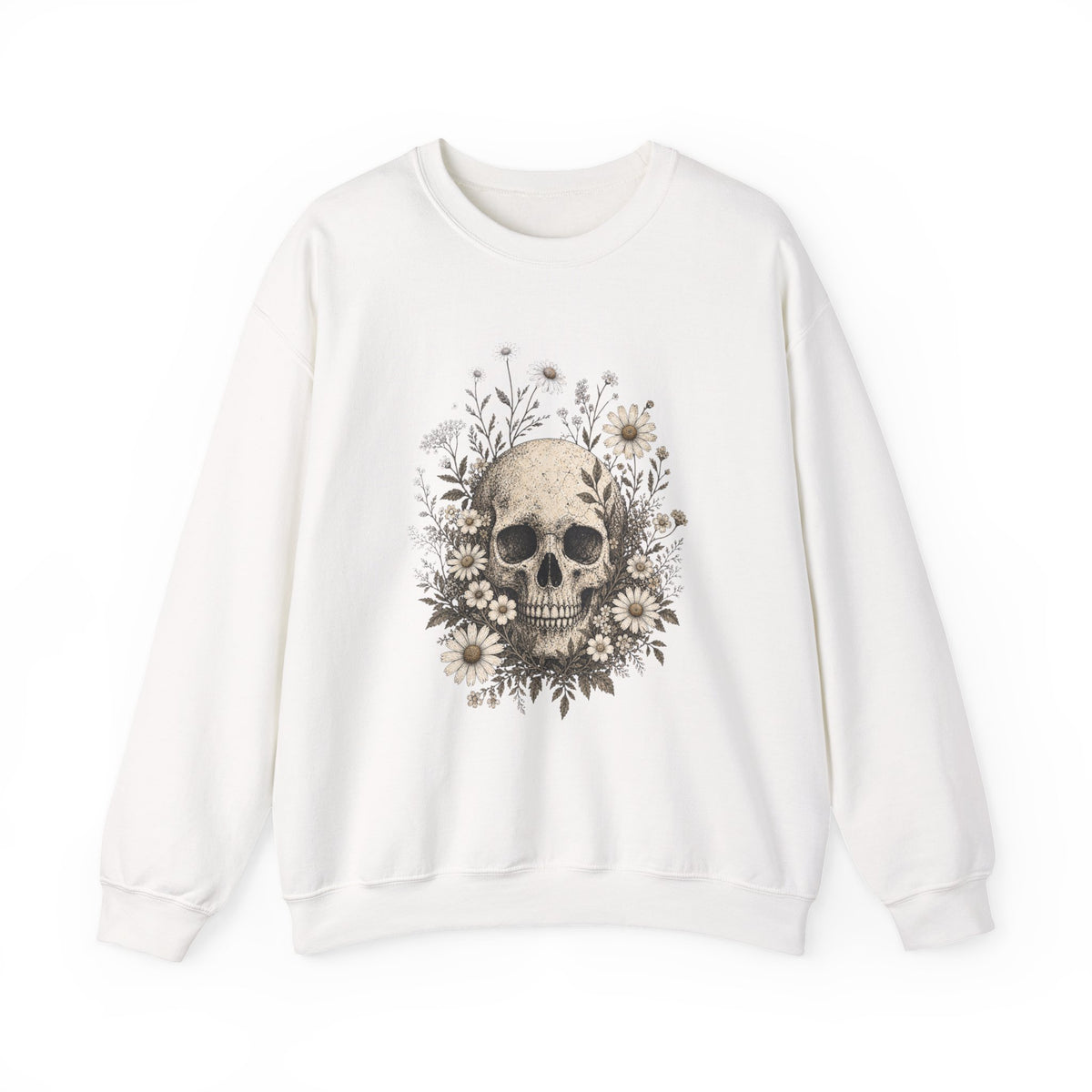 Skull with Daisies Crewneck Sweatshirt | Floral Fall Autumn Halloween Gothic Sweatshirt
