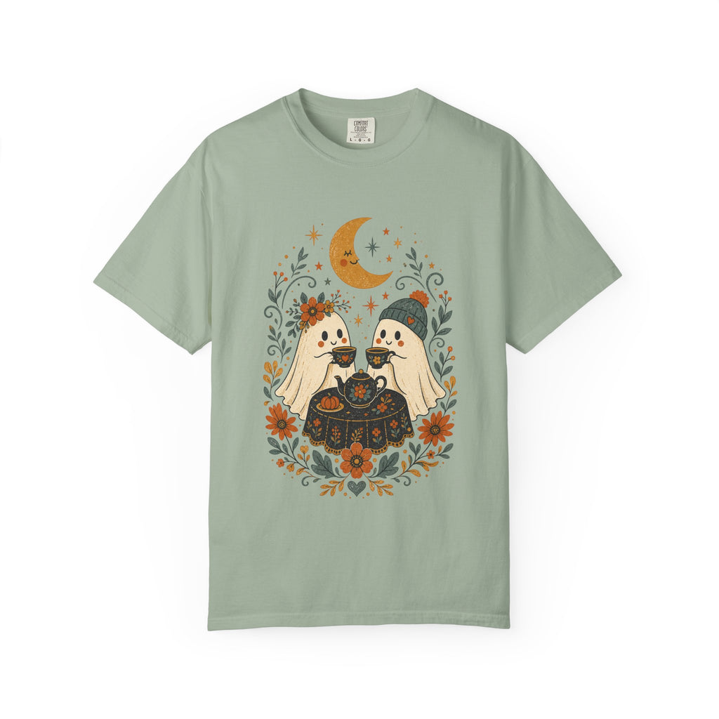 Ghost Couple Fall Halloween Tea Party T-shirt | Cute Ghosts, Moon, Autumn Floral Illustration