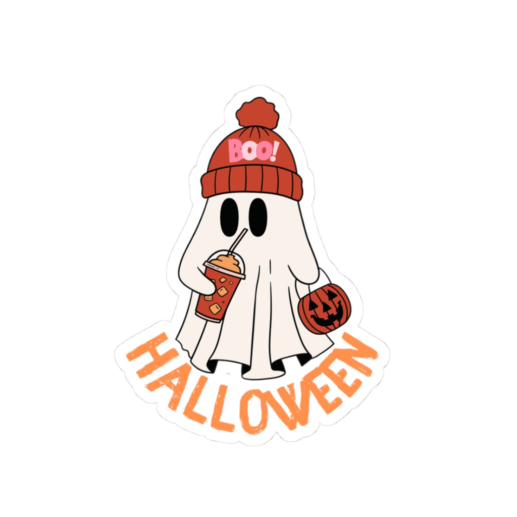 Cute Ghost with Pumpkin and Drink Sticker | Halloween Kiss-Cut Sticker
