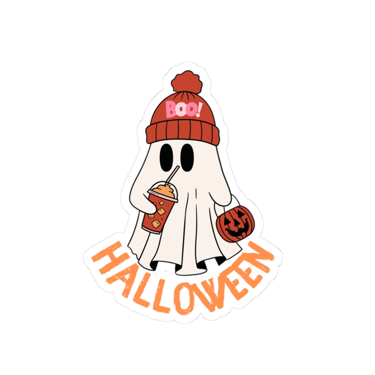 Cute Ghost with Pumpkin and Drink Sticker | Halloween Kiss-Cut Sticker