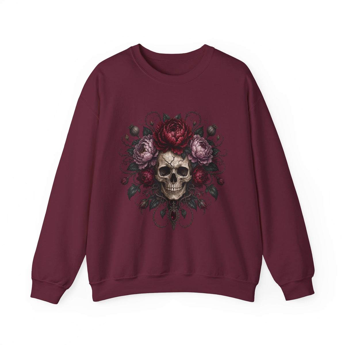 Floral Skull Crewneck Sweatshirt | Gothic Rose Skull Design
