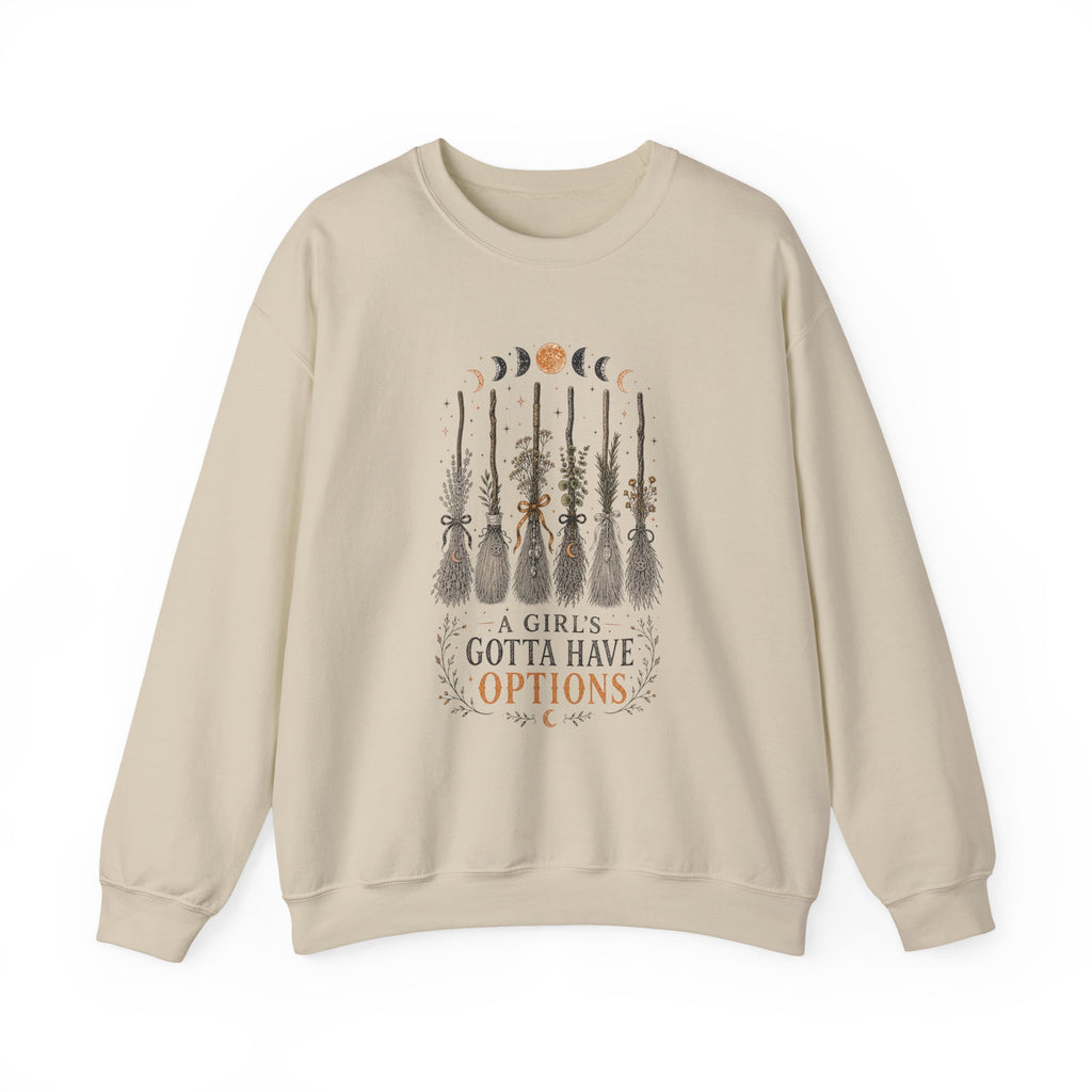 Witch Brooms & Moon Phases Crewneck Sweatshirt | A Girl's Gotta Have Options