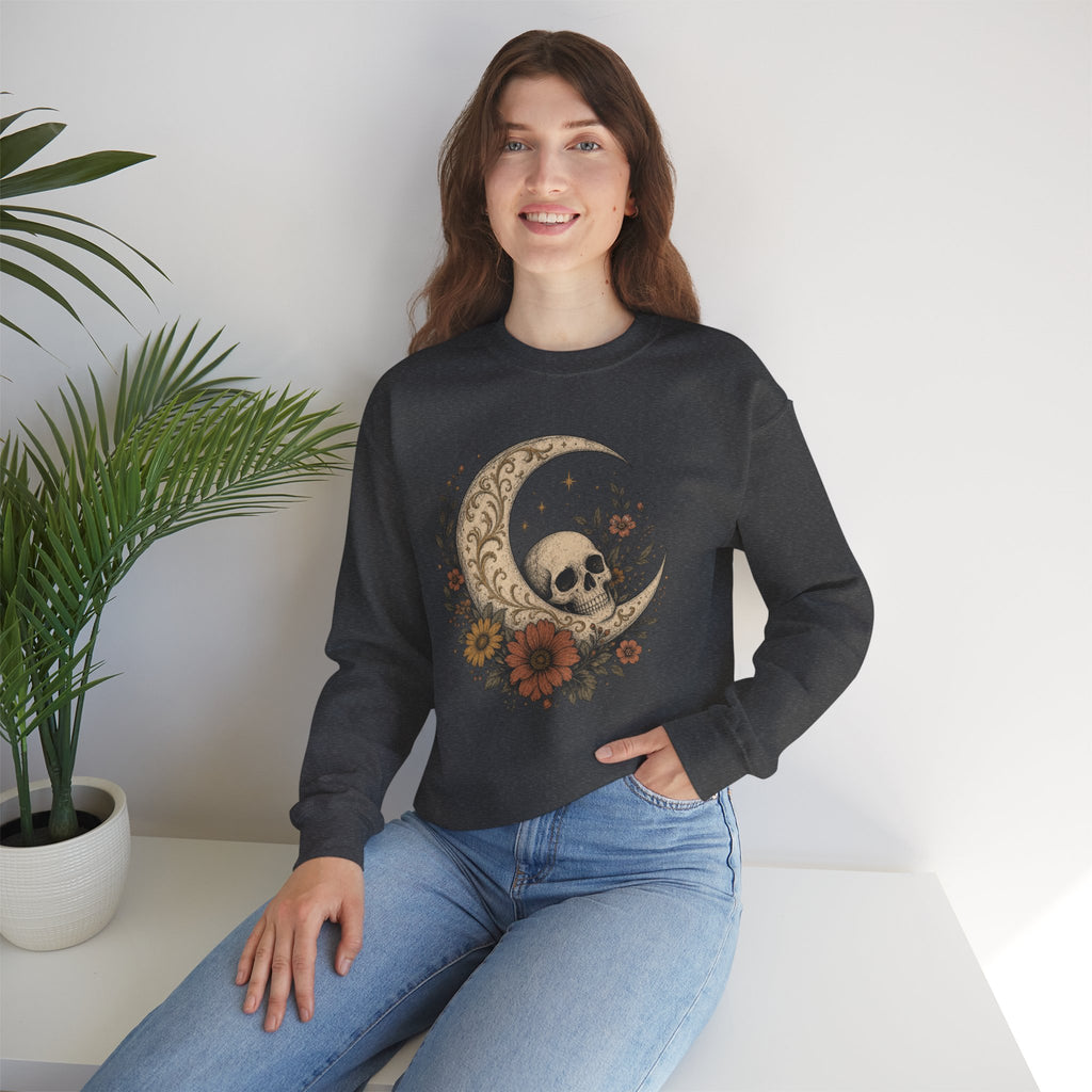 Skull Crescent Moon Floral Sweatshirt | Gothic Boho Moon Skull