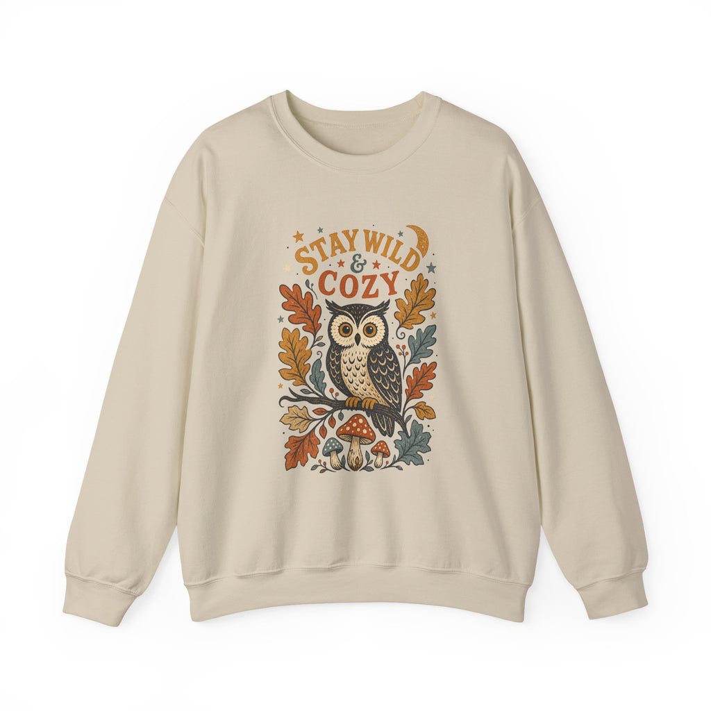 Stay Wild & Cozy Owl Sweatshirt | Autumn Leaves, Mushrooms