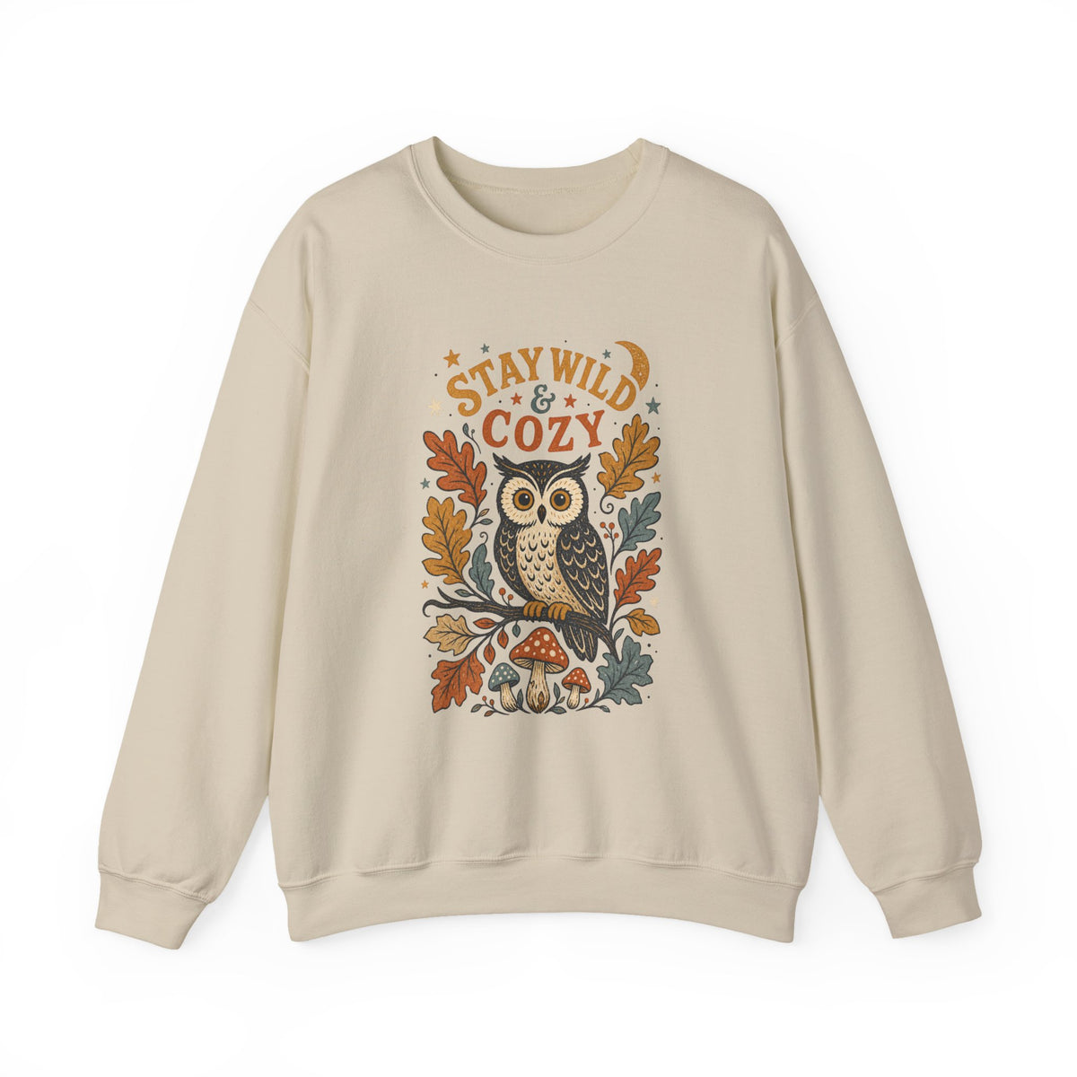 Stay Wild & Cozy Owl Sweatshirt | Autumn Leaves, Mushrooms