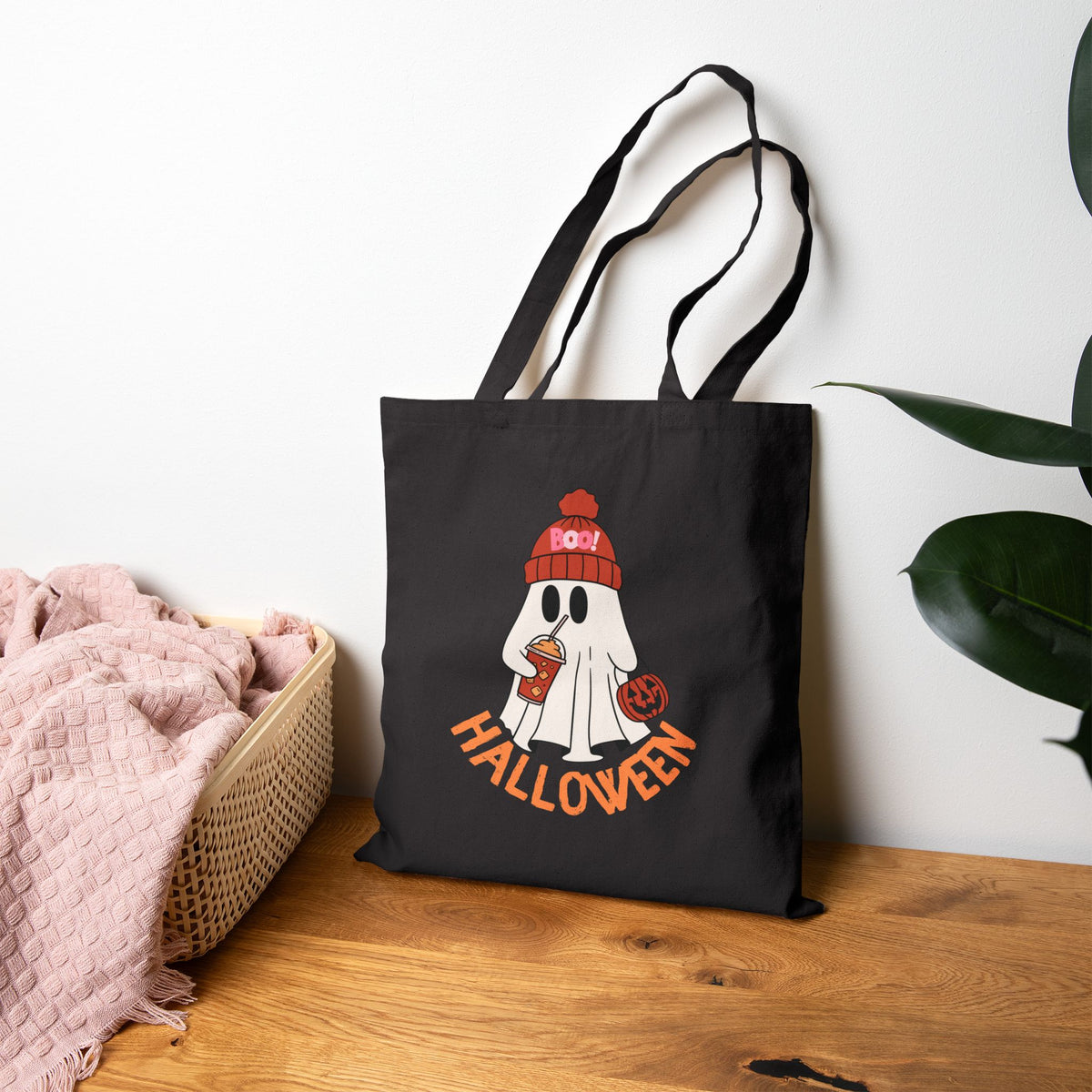 Cute Ghost with Beanie Halloween Tote Bag | Trick-or-Treat Pumpkin