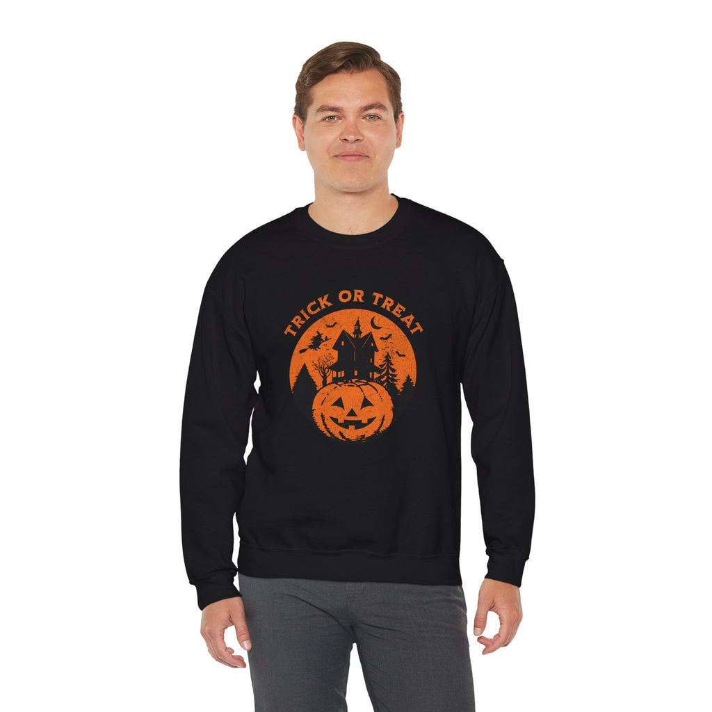 Trick or Treat Pumpkin Haunted House Sweatshirt | Halloween Spooky Haunted House Crewneck