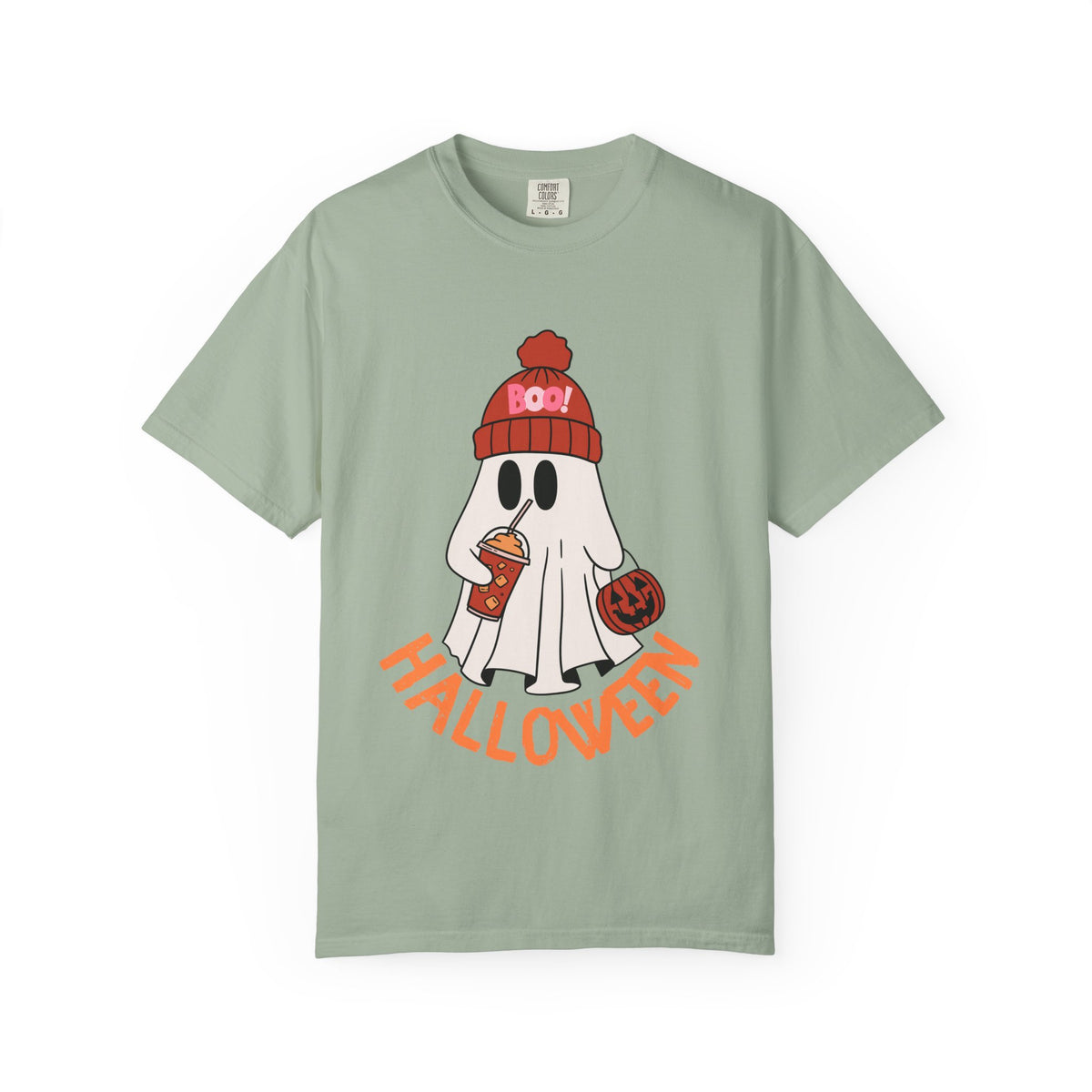 Cute Ghost Wearing BOO Beanie Halloween Comfort Colors T-shirt | Trick or Treat Pumpkin coffee Illustration