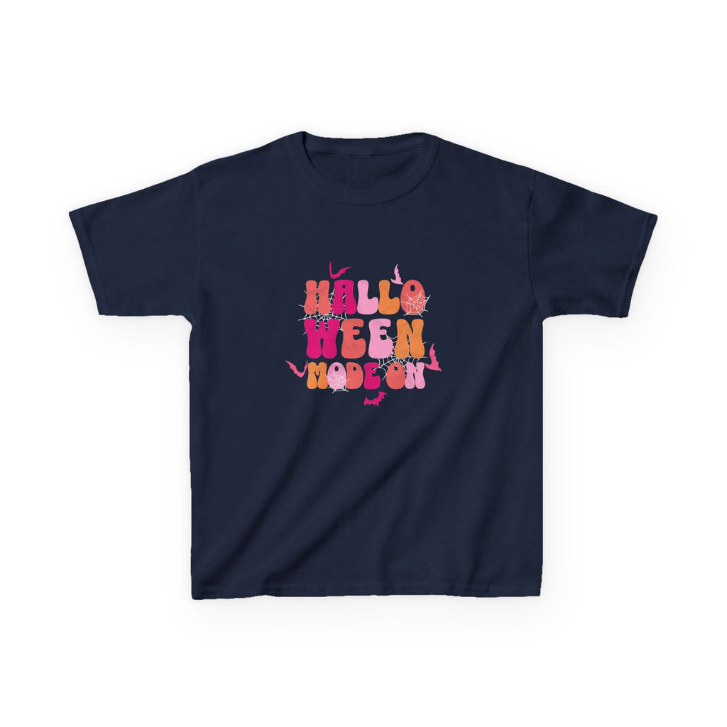 Halloween Vibes Kids Tee | groovy pumpkin lettering, pink orange retro