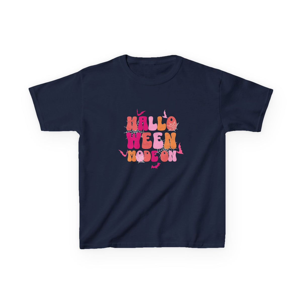 Halloween Vibes Kids Tee | groovy pumpkin lettering, pink orange retro