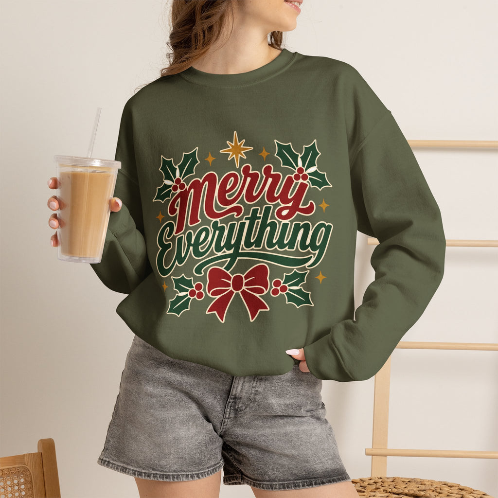 Merry Everything Christmas Sweatshirt | Holiday Script Holly Bow Crewneck
