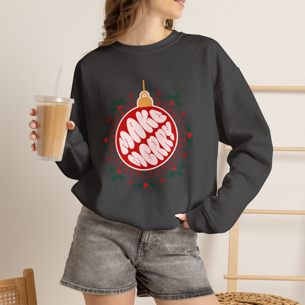Christmas Sweatshirt Make Merry ornament design | Merry Christmas holly wreath, festive typography
