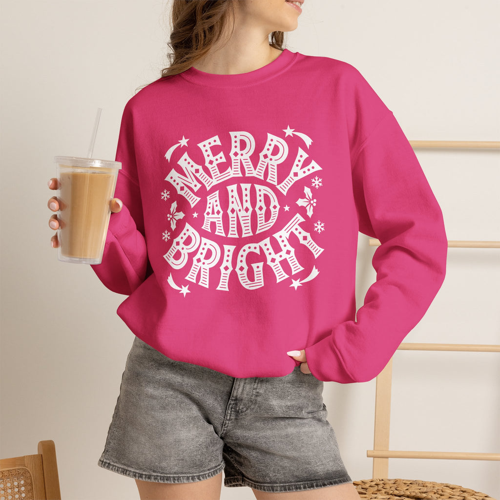Christmas Sweatshirt Merry and Bright | Vintage Style Typography Holiday Crewneck Snowflakes Stars