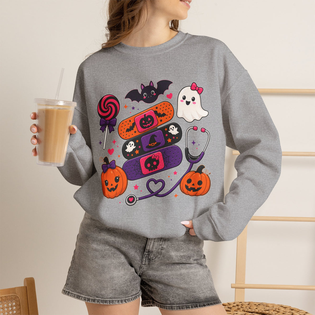 Nurse Halloween Sweatshirt Pediatrics Candy Bandaids Stethoscope Pumpkin Ghosts Bat | Medical Cute