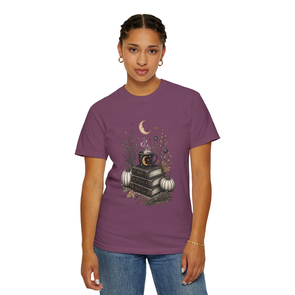 Cozy Fall Book Stack with Moon Coffee Mug T-shirt | Autumn Pumpkin Floral
