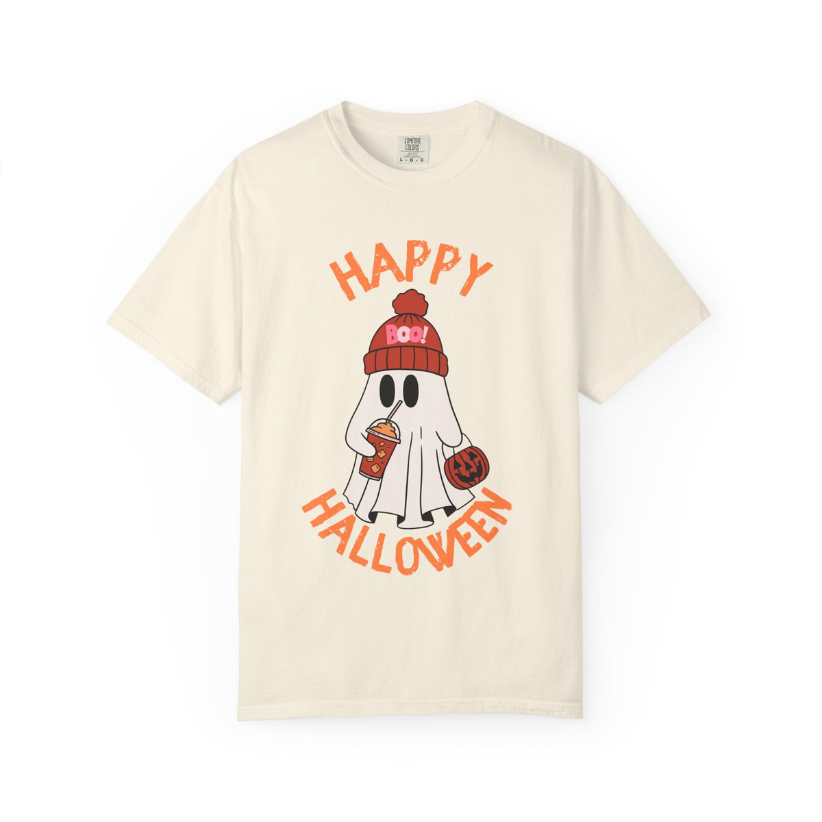 Cute Ghost in Beanie Happy Halloween Comfort Colors T-Shirt | Trick-or-Treat Tee