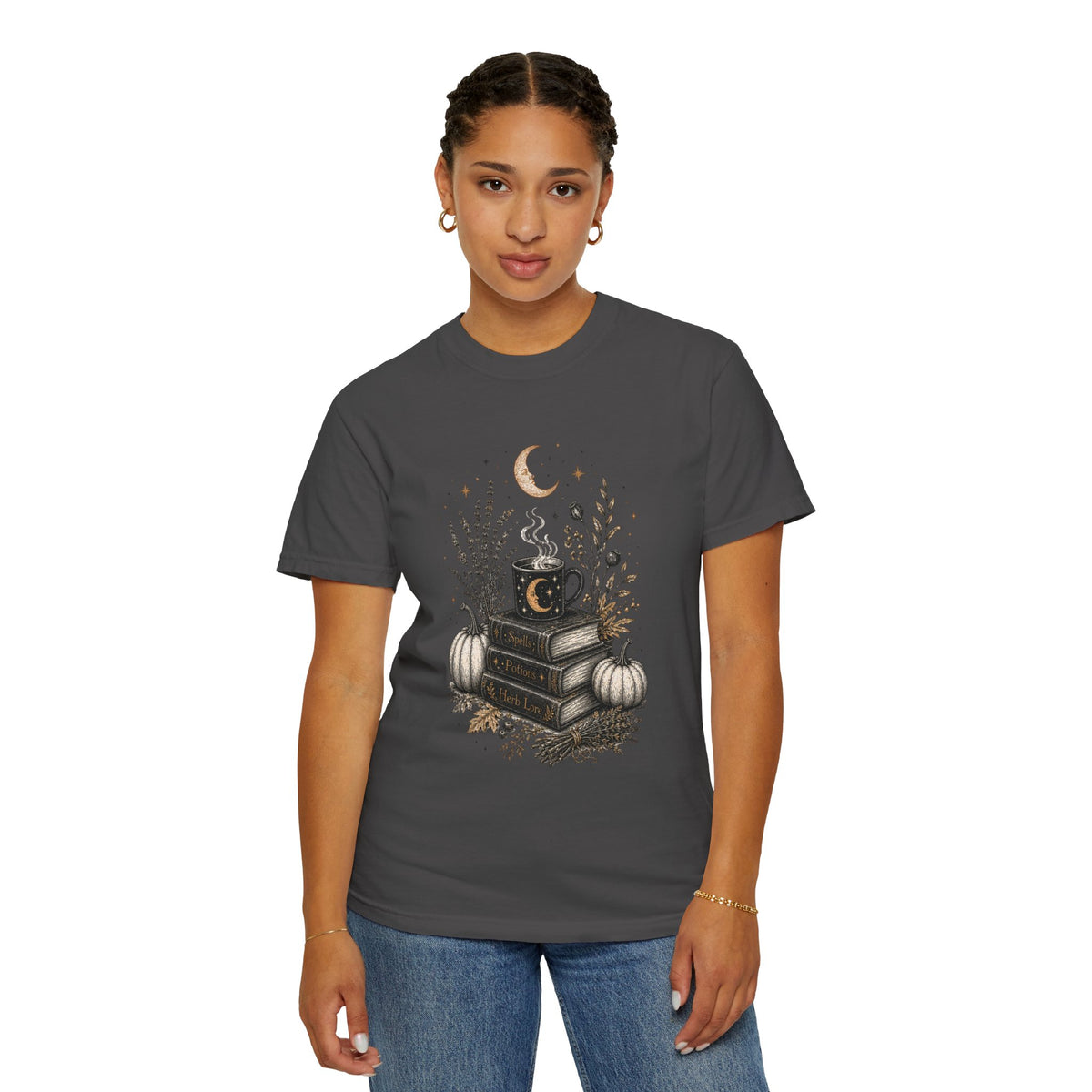 Cozy Fall Book Stack with Moon Coffee Mug T-shirt | Autumn Pumpkin Floral
