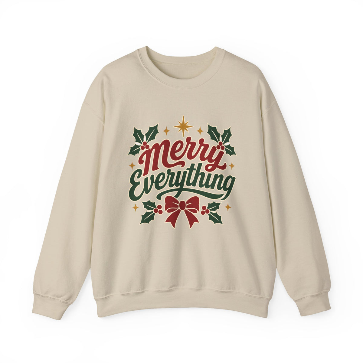 Merry Everything Christmas Sweatshirt | Holiday Script Holly Bow Crewneck