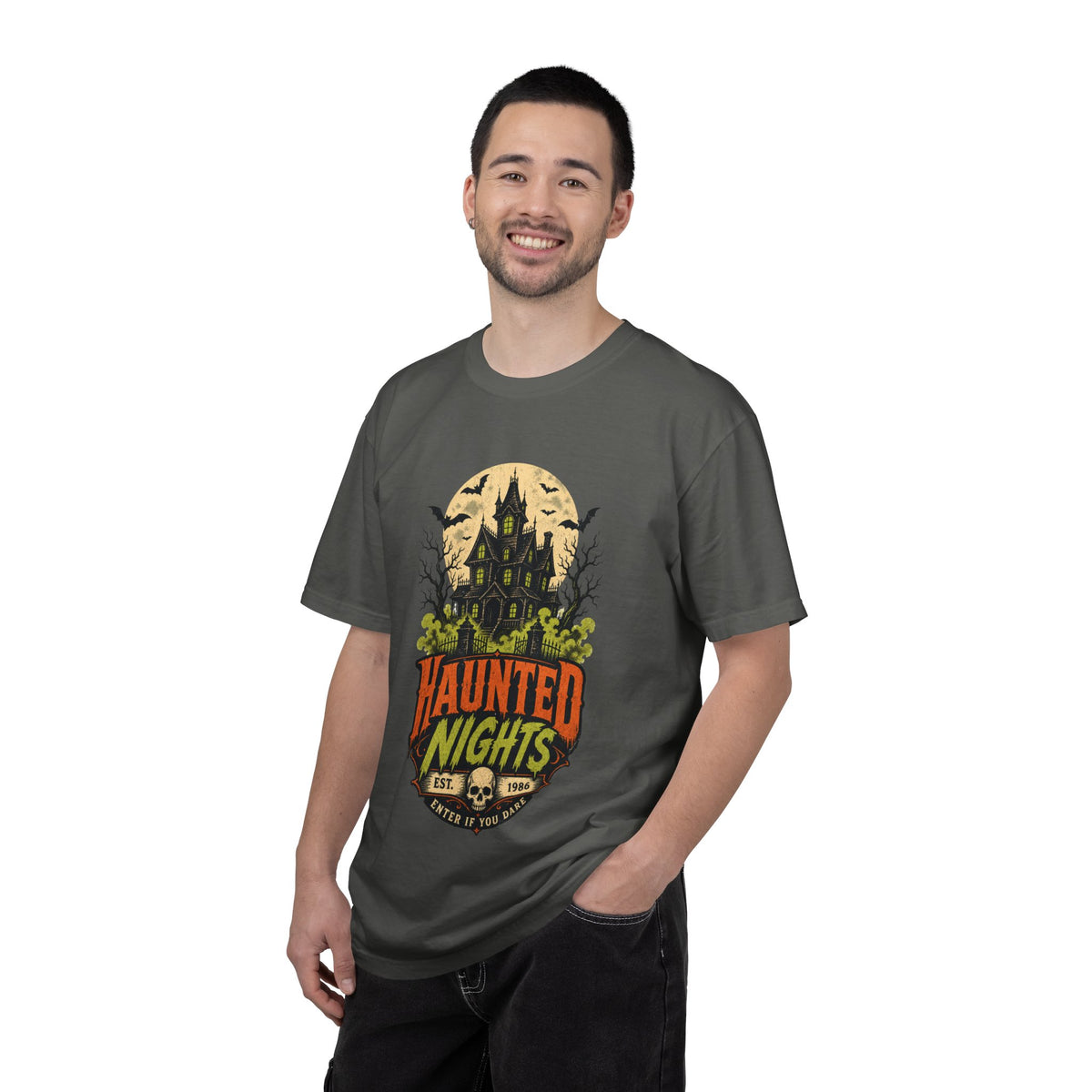 Haunted Nights haunted house T-shirt | Halloween spooky bats moon