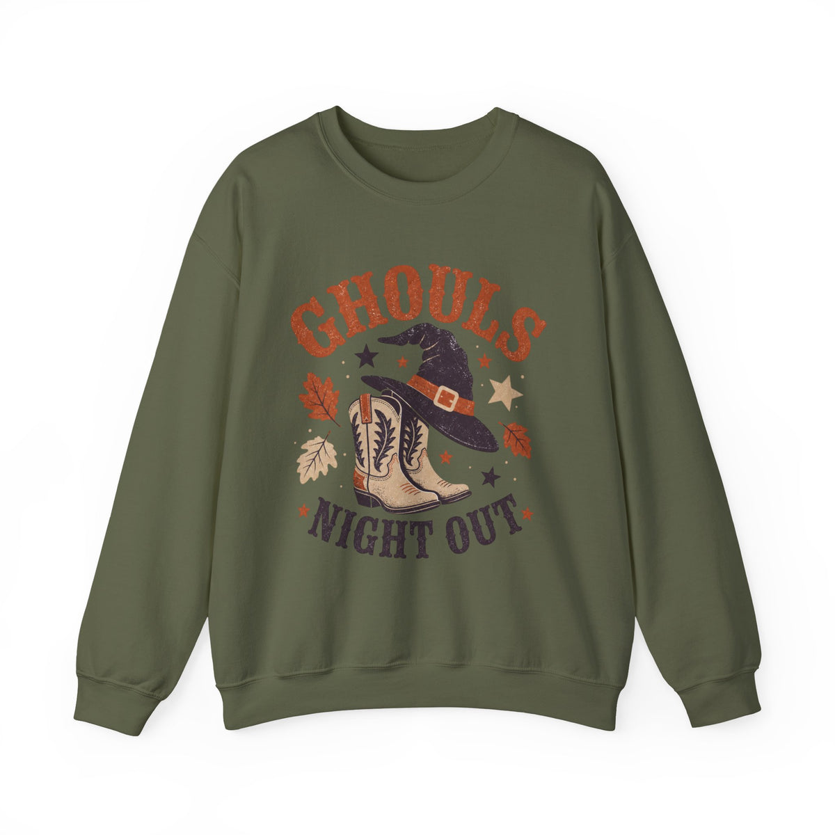 Ghouls Night Out Sweatshirt | Witch Hat & Western Cowboy Boots Halloween Crewneck