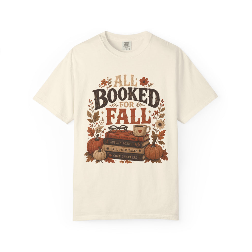 All Booked for Fall Comfort Colors T-shirt | Autumn Book Lover Tee, Pumpkin Stack Design
