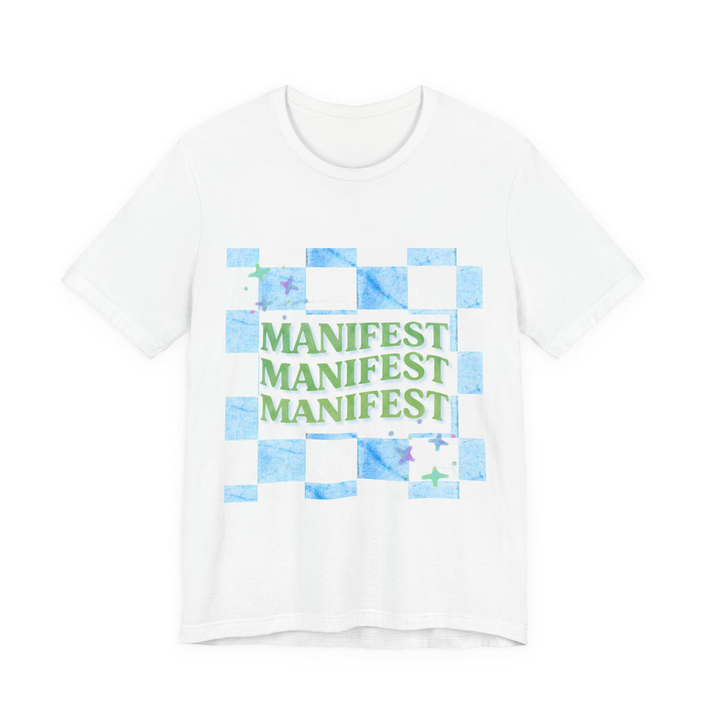 Manifest Repeat Checkerboard T-shirt | Manifest Typography, Blue Green Marble