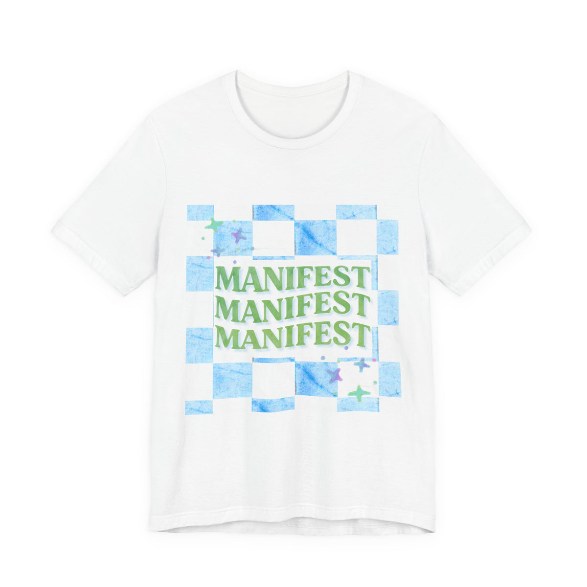 Manifest Repeat Checkerboard T-shirt | Manifest Typography, Blue Green Marble