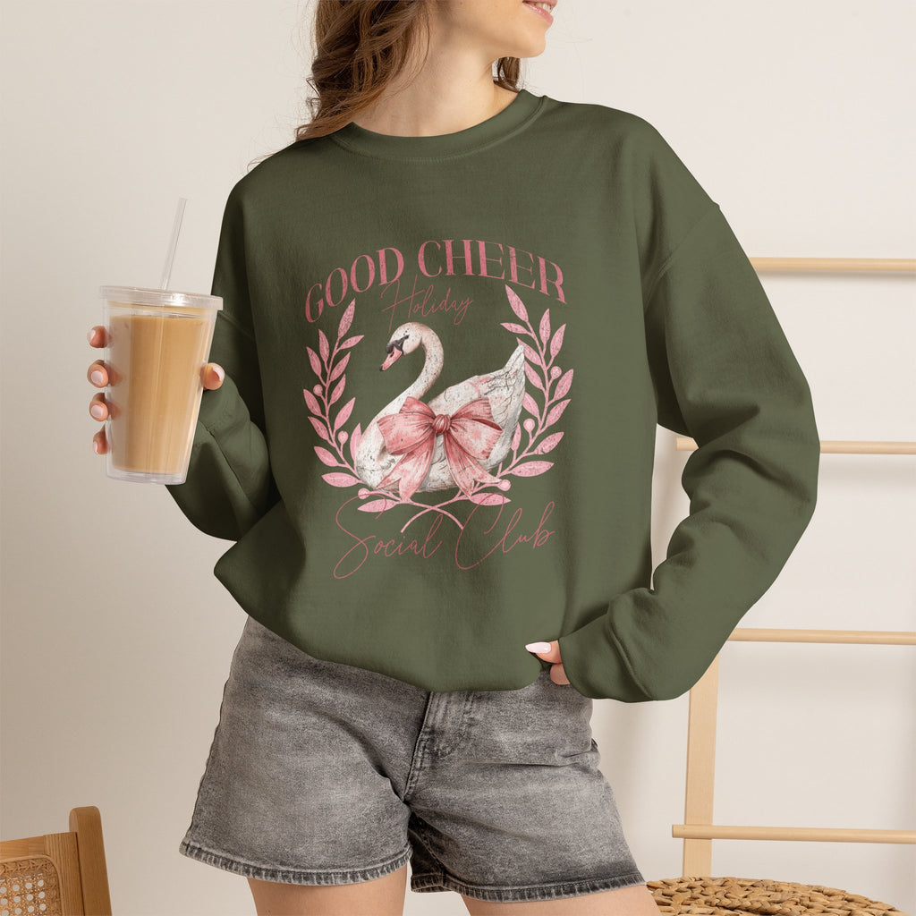 Coquette Christmas Sweatshirt | Good Cheer Social Club Swan and Flamingo Wreath