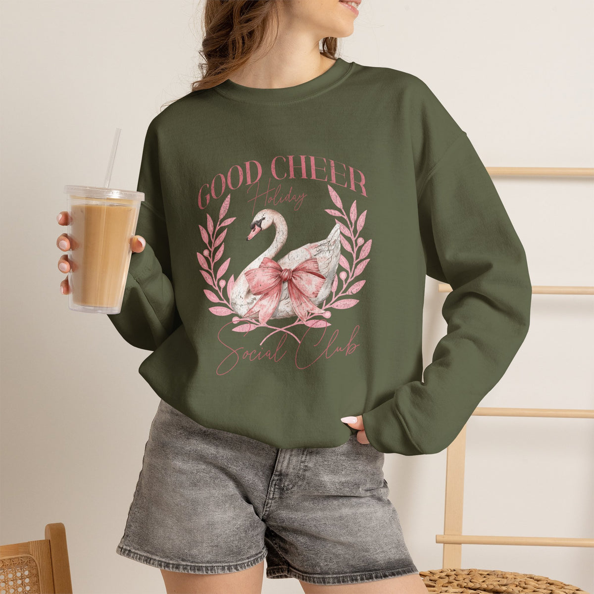 Coquette Christmas Sweatshirt | Good Cheer Social Club Swan and Flamingo Wreath