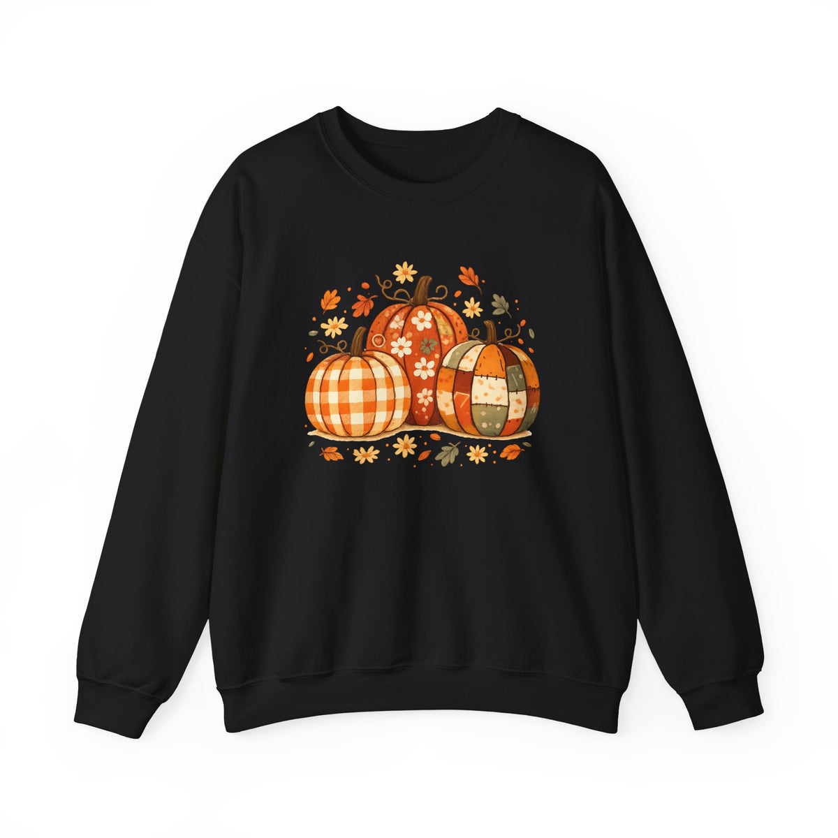 Patchwork Pumpkins Crewneck Sweatshirt | Autumn Plaid Pumpkin Trio