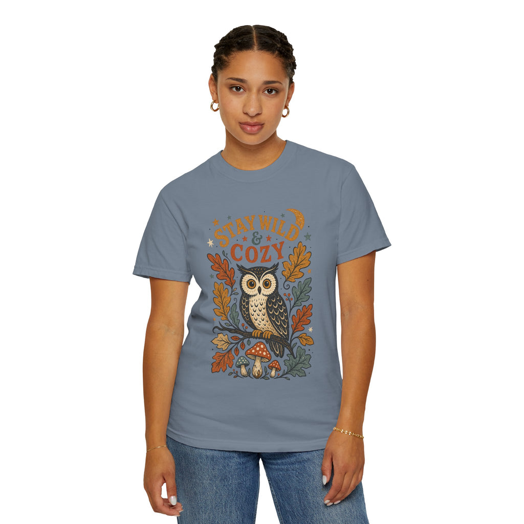 Stay Wild & Cozy Owl Illustration Comfort Colors T-Shirt | Autumn Leaves, Mushroom