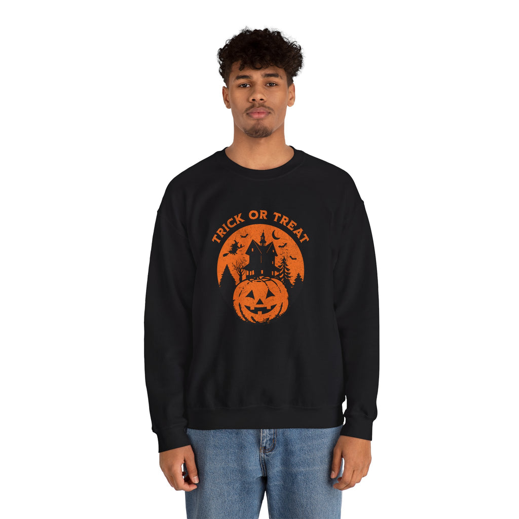 Trick or Treat Pumpkin Haunted House Sweatshirt | Halloween Spooky Haunted House Crewneck