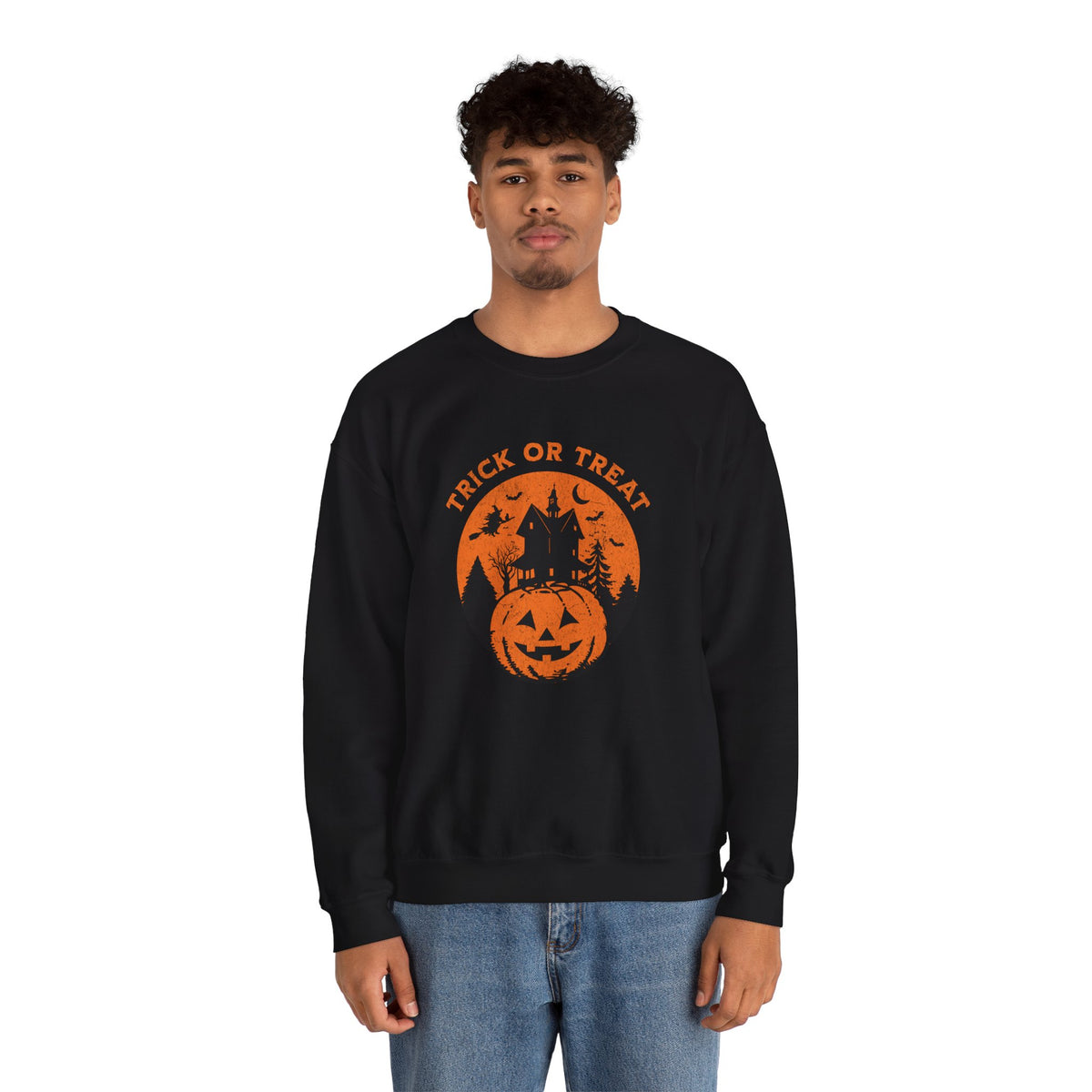 Trick or Treat Pumpkin Haunted House Sweatshirt | Halloween Spooky Haunted House Crewneck