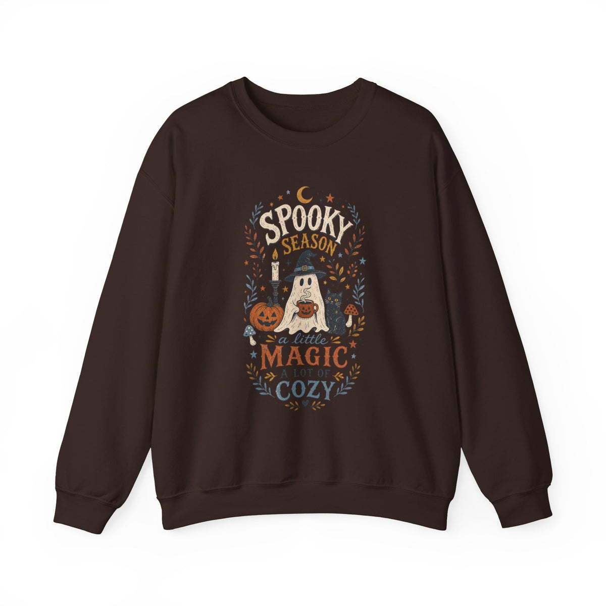 Spook Season Ghost with Witch Hat Cat Pumpkin Sweatshirt | Cozy Halloween Magic Autumn Botanicals